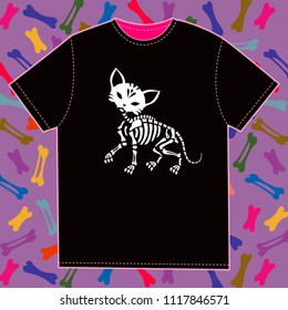 T-shirt template with a cat skeleton print. Black T-shirt on a background of multi-colored bones. Stylish print. Great for Halloween.