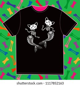 T-shirt template with a cat skeleton print. Skeletons of cats mermaids are dancing. Black T-shirt on a background of multi-colored bones. Stylish print. Great for Halloween.