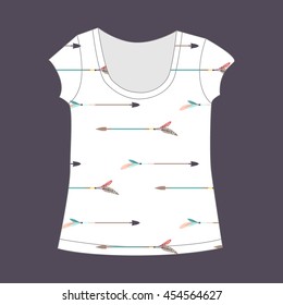 T-shirt template with feathers in flat style - for t-shirt, textile, wrapping paper. Vector illustration