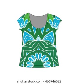T-shirt template with flower mandala in boho style - for t-shirt, textile, wrapping paper. Vector illustration