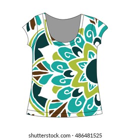 T-shirt template with flower mandala in boho style - for t-shirt, textile, wrapping paper. Vector illustration