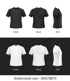 T-shirt template, front, side, back view. Black and white t-shirts on white and black backgrounds. Vector eps 10 illustration.