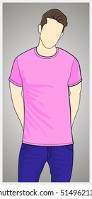T-shirt template front view on the man. Man body silhouette. Pink color shirt. Vector eps 8 illustration.
