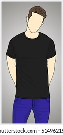 T-shirt template front view on the man. Man body silhouette. Black color shirt. Vector eps 8 illustration.
