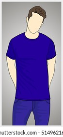 T-shirt template front view on the man. Man body silhouette. Blue color shirt. Vector eps 8 illustration.
