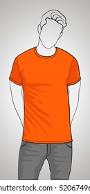 T-shirt template front view on the man. Man gray body silhouette. Orange color shirt. Vector eps 8 illustration.