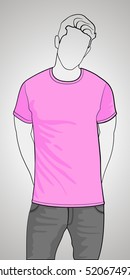 T-shirt template front view on the man. Man gray body silhouette. Pink color shirt. Vector eps 8 illustration.