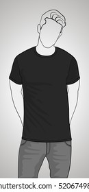 T-shirt template front view on the man. Man gray body silhouette. Black color shirt. Vector eps 8 illustration.