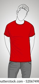 T-shirt template front view on the man. Man gray body silhouette. Red color shirt. Vector eps 8 illustration.