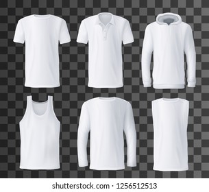 T-shirt template with front view of white men shirts mockup. Polo, hoodie and tank top, hooded sweatshirt, long sleeve and sleeveless t-shirts 3d vector on transparent background. Advertisement design