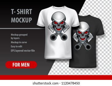T-Shirt template, fully editable with Vintage Skull and pistons logo. EPS 10 Vector Illustration.
