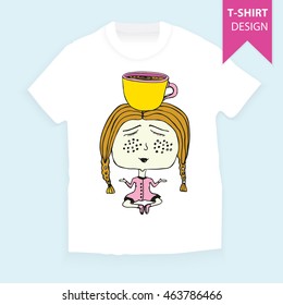 T-shirt template. Girl and cup of coffee. Meditation. Doodle. Vector Illustration. 