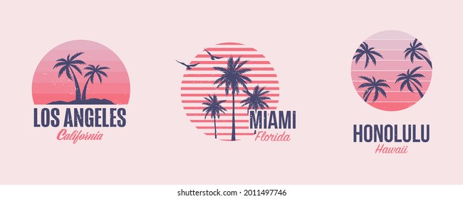 Gráficos de plantillas de camisetas con palmas y puesta de sol, Buenas vibraciones en Miami, Los Ángeles y Honolulu, Diseños de verano 