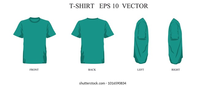 T-shirt template green set, front, back, left, right view. Vector eps 10 illustration.