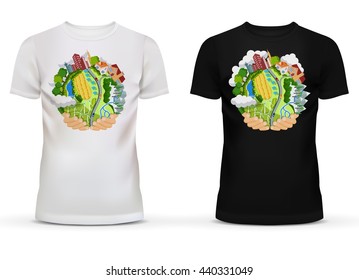 T-shirt with template of hands holding earth with countryside including field and road with cars, mountains and trees, buildings or houses. Sportswear black and white t-shirt with short sleeve