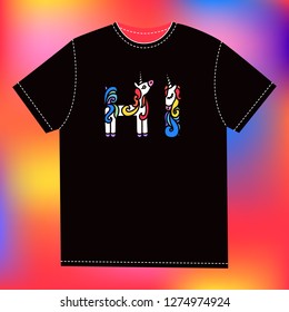 T-shirt template on abstract background. Word HI unicorn. Written by unicorns. Unicorn style letter. Trend print on a T-shirt. Unicorn alphabet.