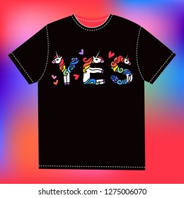 T-shirt template on abstract background. Word YES unicorn. Written by unicorns. Unicorn style letter. Trend print on a T-shirt. Unicorn alphabet.