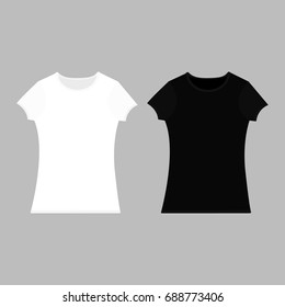 T-shirt template set. Black white color. Man woman unisex model. Two t shirt mockup. Front side. Flat design. Isolated. Gray background. Vector illustration