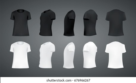 T-shirt template set, blank black and white shirt front, side, perspective, rear views, different angles, vector eps10 illustration