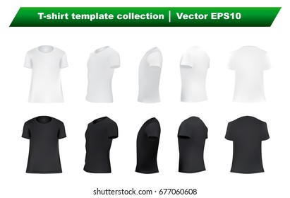 T-shirt template set, blank black and white shirt front, side, perspective, rear views, different angles, vector eps10 illustration