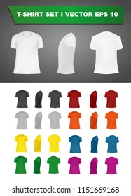 T-shirt template set of different colors, blank shirts front, side, rear views, different angles, vector eps10 illustration