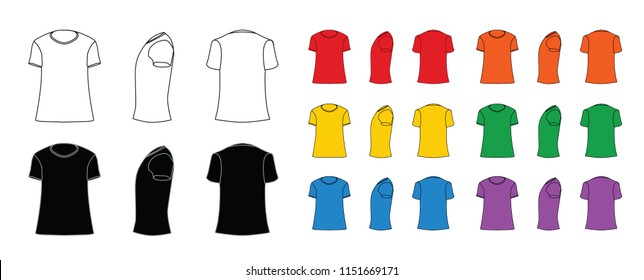 T-shirt template set of different colors cartoon style,simple blank shirts front, side, rear views, different angles, vector eps10 illustration