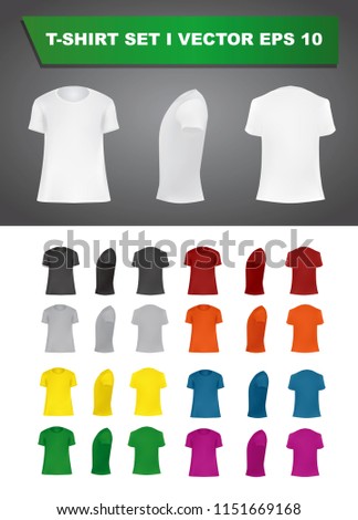 T-shirt template set of different colors, blank shirts front, side, rear views, different angles, vector eps10 illustration