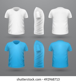 T-shirt template set, front, side, back view. White t-shirt and blue colors. Realistic t-shirt vector in flat. Sport clothing. Casual men wear. Cotton t-shirt unisex polo outfit. Fashionable apparel.