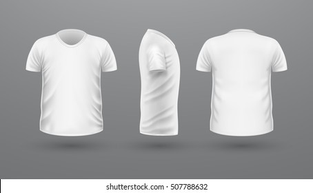 T-shirt template set, front, side, back view. White colors. Realistic vector illustration in flat style. Sport clothing. Casual men wear. Cotton unisex polo outfit. Fashionable apparel.