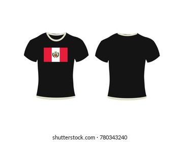 T-shirt template set, front, side, back view. Vector eps 10 illustration,Black t-shirt, clothes on isolated white background,t-shirt and backround flag of Peru.