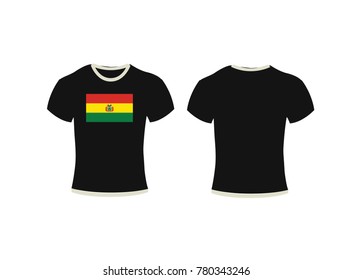 T-shirt template set, front, side, back view. Vector eps 10 illustration,Black t-shirt, clothes on isolated white background,t-shirt and backround flag of Bolivia.