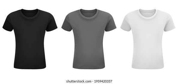 T-shirt template set. Front side,left side, back side view mockup. Black, gray and white front design. Vector template.