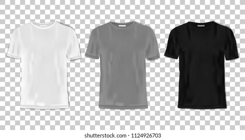 T-shirt template set on square background. Black, gray and white shirts for branding, textile print mock ups and logo.