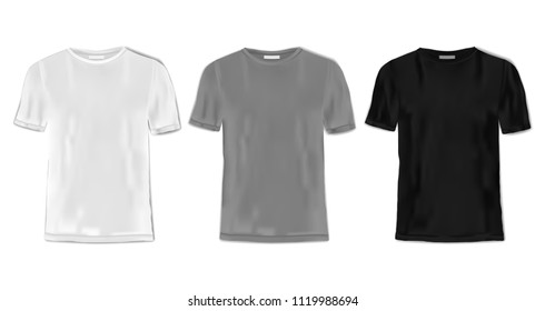 T-shirt template set on white background. Black, gray and white shirts for branding, textile print mock ups and logo.