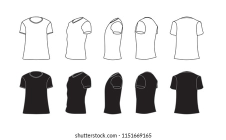 T-shirt template simple otline set, blank black and white shirt front, side, perspective, rear views, different angles, vector eps10 illustration