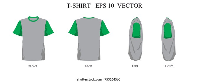 T-shirt template two tone gray and green set, front, back, left, right view. Vector eps 10 illustration.