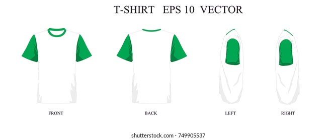 T-shirt template two tone white and green set, front, back, left, right view. Vector eps 10 illustration.
