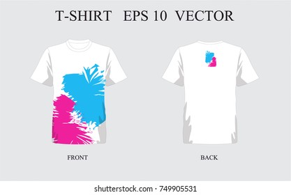 T-shirt template White with Multi color pattern set, front, back view. Vector eps 10 illustration.