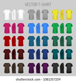 T-shirt templates collection of different colors for men and women in three dimentions: front, side and back view realistic gradient mesh vetor.