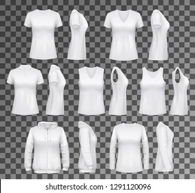 T-shirt templates with hoodie and sweatshirt, polo and singlet or sleeveless shirt. Isolated vector female clothes white mockups, casual garments design. Everyday women outfit elements on transparent