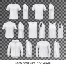 T-shirt templates, hoodie and sweatshirt, polo and singlet or sleeveless shirt. Vector male clothes white mockups, casual garments design. Everyday mens outfits or apparels isolated on transparent