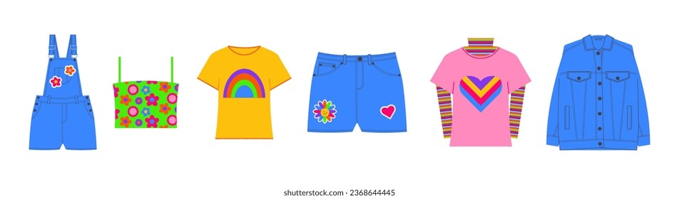 T-shirt, top, Denim overalls, jacket, shorts, turtleneck in bright neon colors on white background. Kidcore aesthetic, y2k style. Trendy illustration for cotton, branding, packaging. Vector art