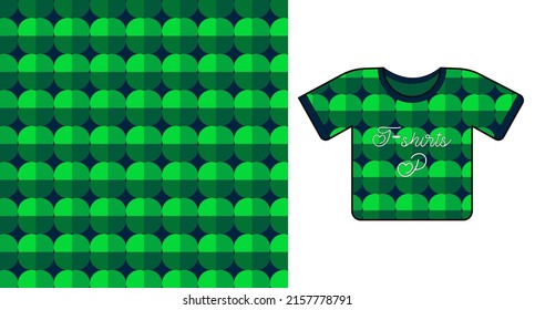 T-shirt top tee fashion flat technical drawing template with green seamless pattern. Vector illustration