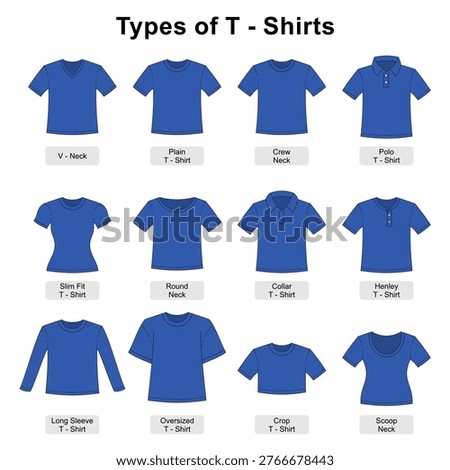 T-shirt types vector infographic, blue apparel garment silhouettes collection with V-neck, polo, and long sleeve styles, isolated design fashion chart for retail and e-commerce
