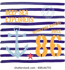 T-shirt typography design, deep sea explorers printing graphics, typographic vector illustration, Navy, diving water text, graphic design for label or t-shirt print, Badge, Applique.