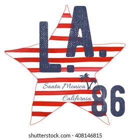 T-shirt typography design, LA california santa monica beach  printing graphics, typographic  vector illustration, Los Angeles graphic design for label or t-shirt print, Badge, Applique.