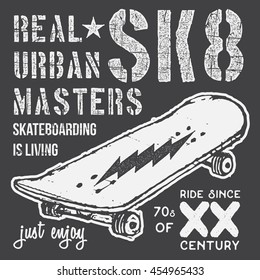 T-shirt typography design, skateboard printing graphics, typographic skateboarding vector illustration, Urban skaters graphic design for label or t-shirt print, Badge, Applique.