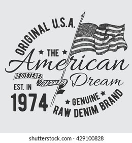 T-shirt typography design, USA printing graphics, typographic american vector illustration, united states graphic design for label or t-shirt print, Badge, Applique.