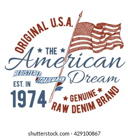 T-shirt typography design, USA printing graphics, typographic american vector illustration, united states graphic design for label or t-shirt print, Badge, Applique.