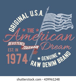 T-shirt typography design, USA printing graphics, typographic american vector illustration, united states graphic design for label or t-shirt print, Badge, Applique.